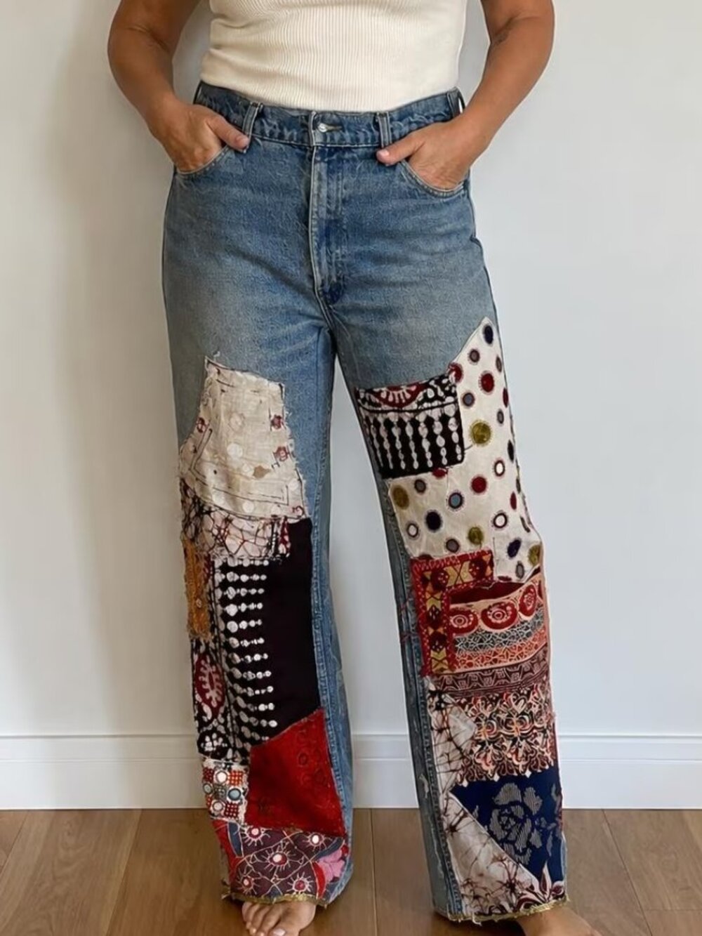 Original Vintage Boho Patchwork Women's Blue Denim Jeans / Wearable Art / s 12 - Picture 1 of 4